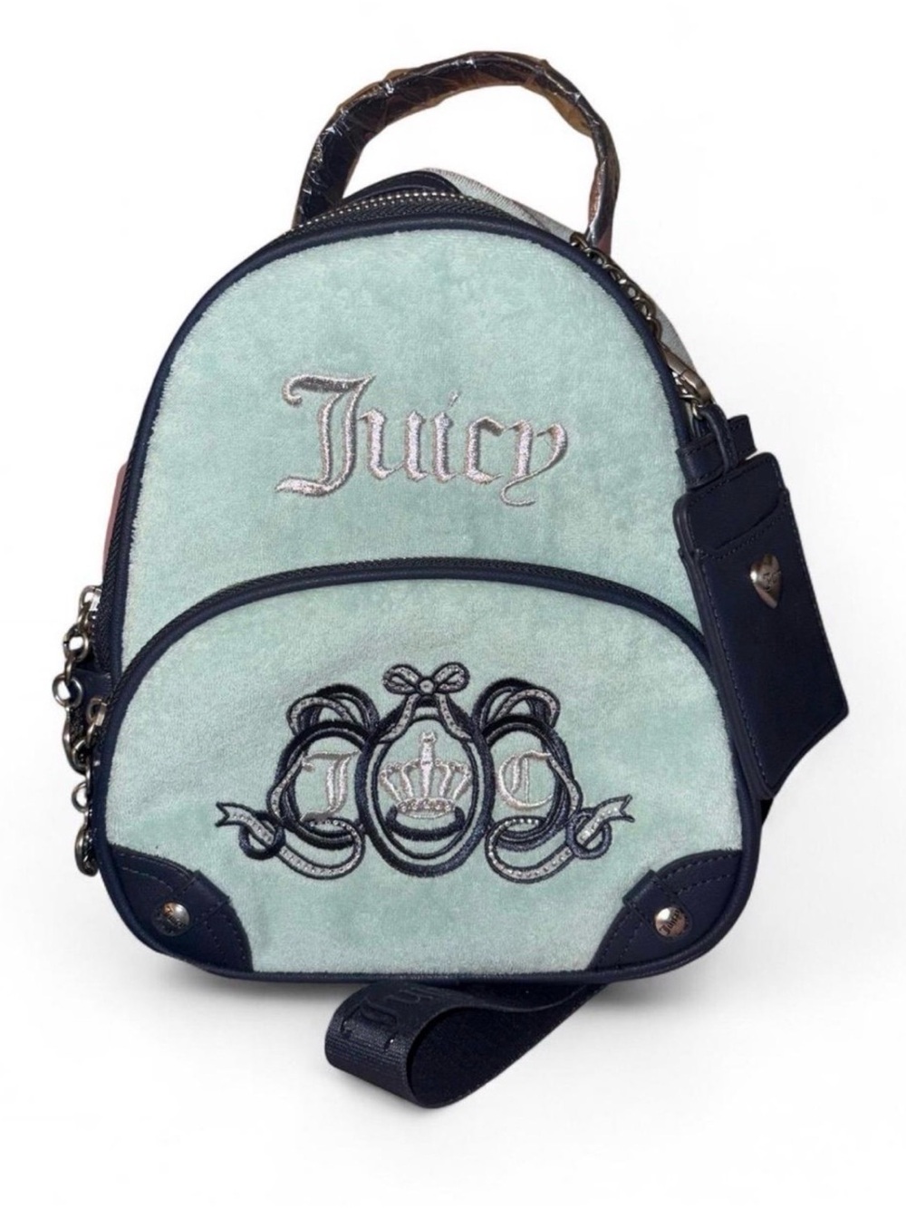 Juicy Couture Mint Green Velvet Mini Backpack with Navy Trim
